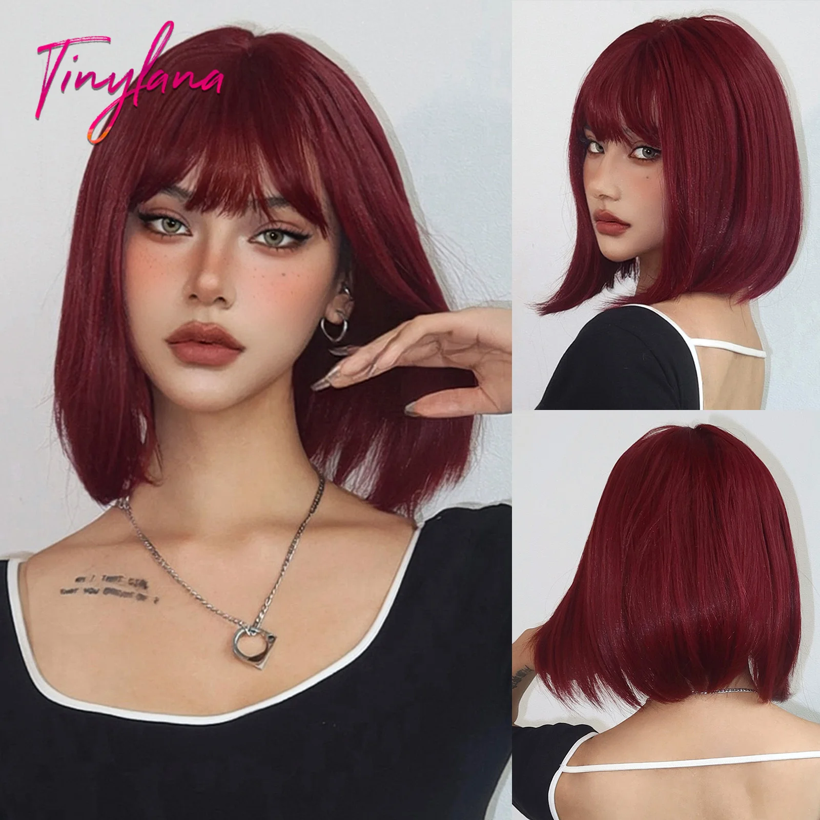 Peluca Bob rubia corta con flequillo sintética - Imagen 9