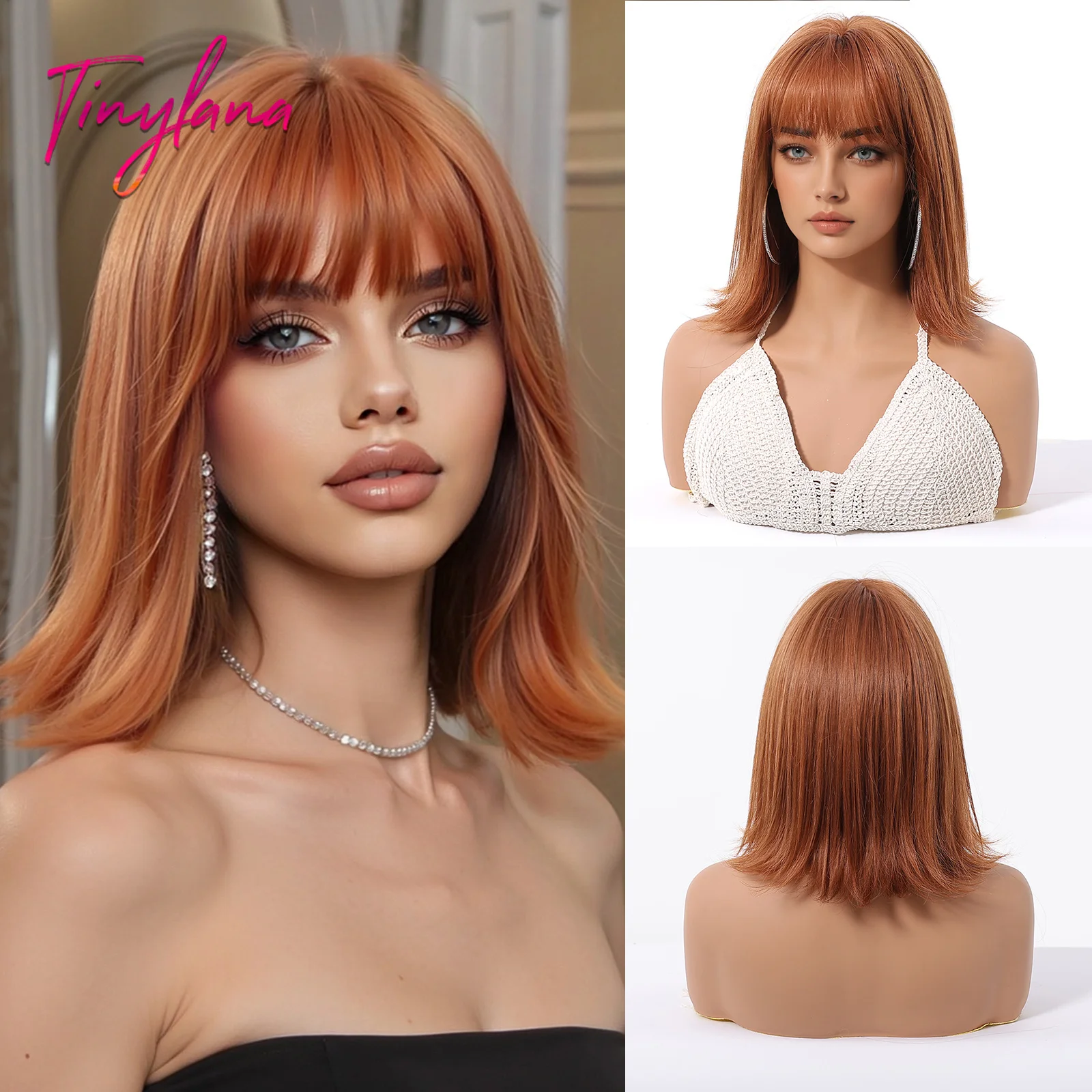 Peluca Bob rubia corta con flequillo sintética - Imagen 13
