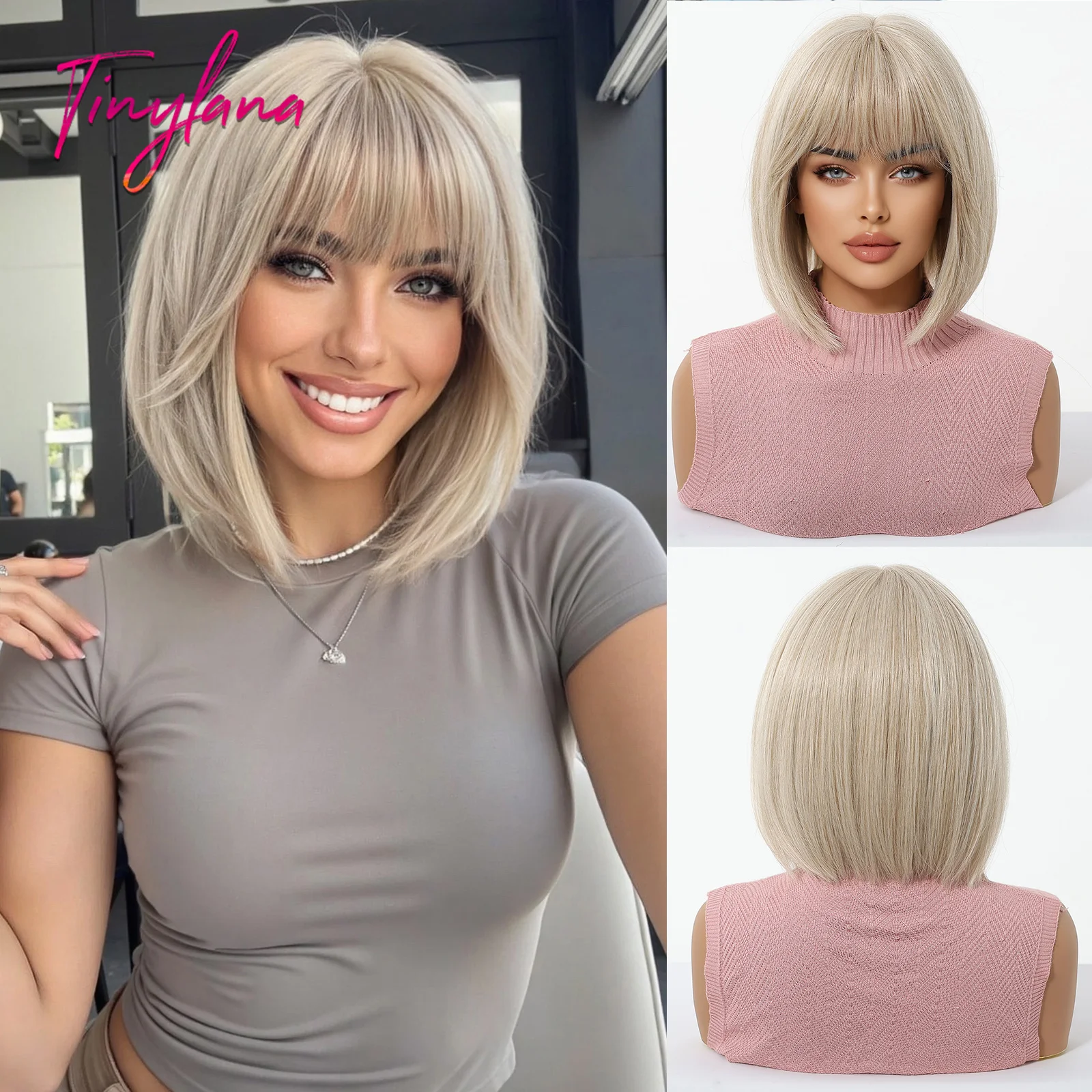 Peluca Bob rubia corta con flequillo sintética