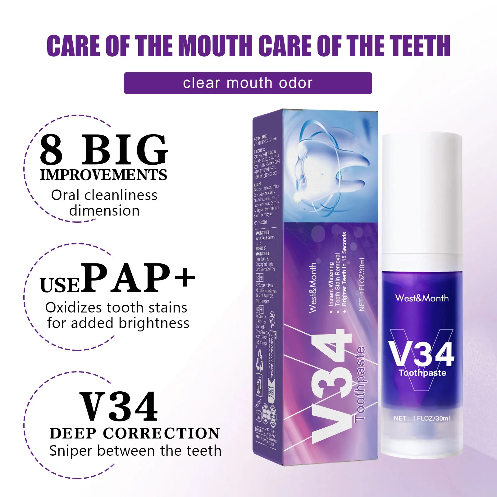 V34 Teeth Whitening Toothpaste – Pasta Dental Blanqueadora 30 ml - Imagen 4