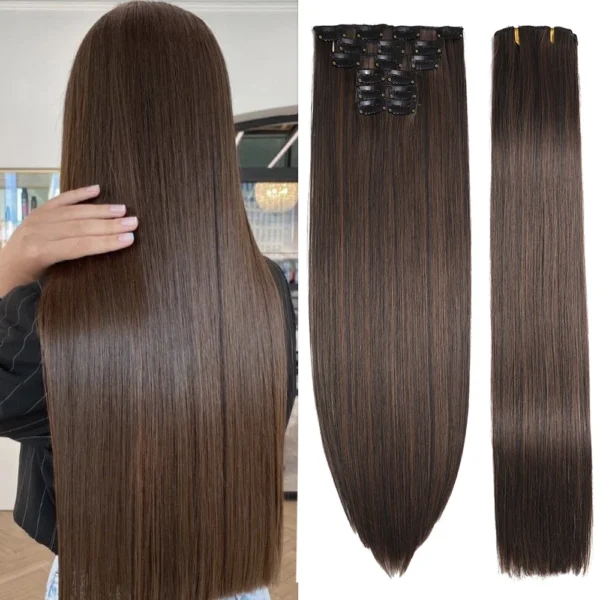 Extensiones de cabello sintético liso de 24 pulgadas con clips
