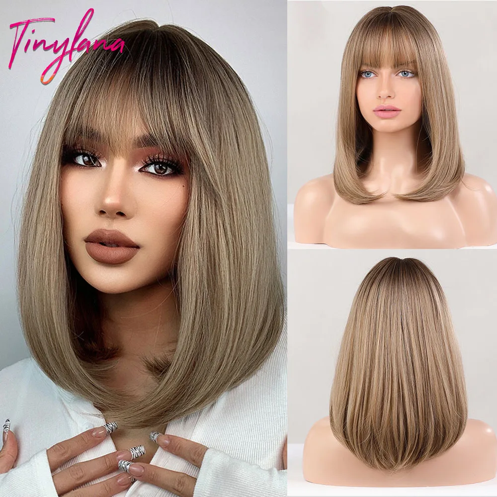 Peluca Bob rubia corta con flequillo sintética - Imagen 16